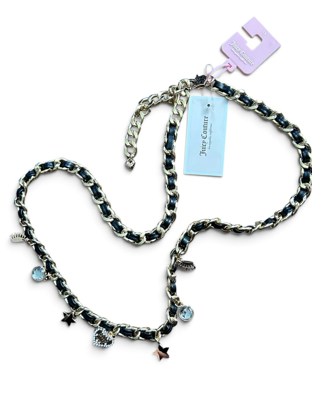 Juicy Couture Black and Gold Charm Chain Belt with Crystal Accents- Size 1X